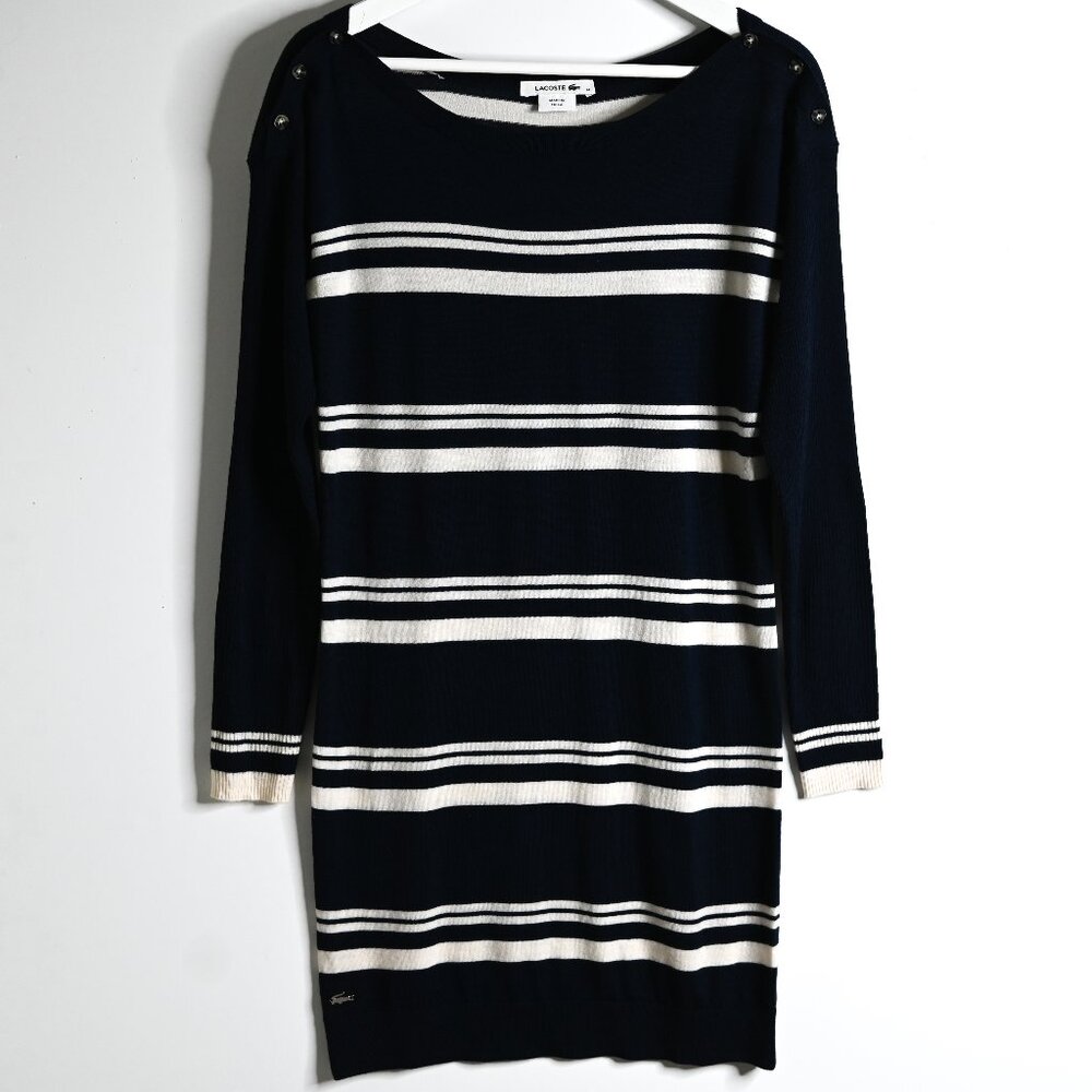 LACOSTE Navy and Cream Stripe Long Sleeve Dress - Size S (34)
